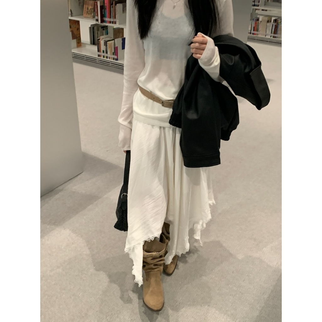 A21 時髦剪裁 下擺蕾絲中長裙 #4514