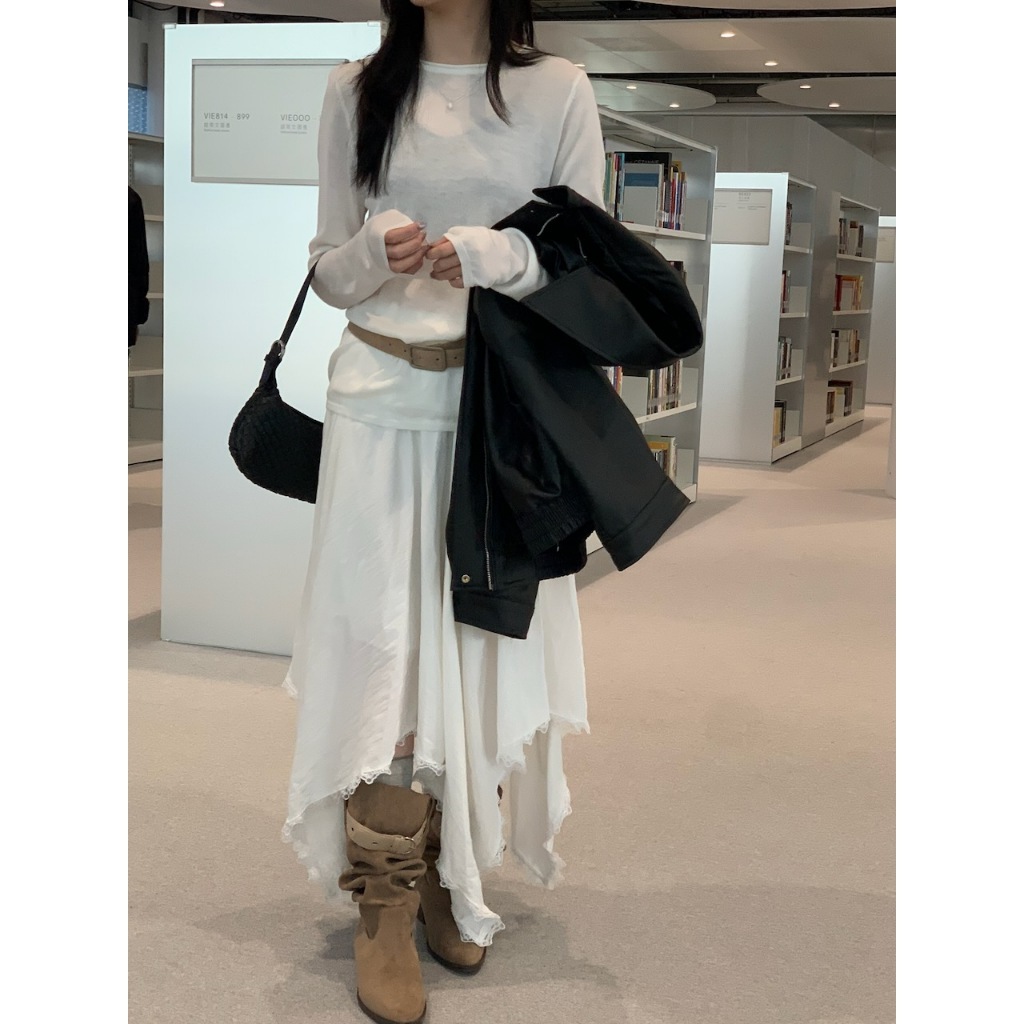 A21 時髦剪裁 下擺蕾絲中長裙 #4514