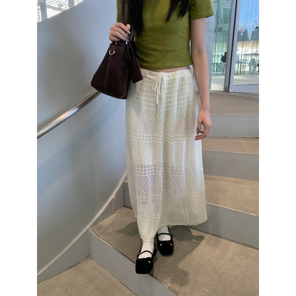 A23 編織感鬆緊腰有安全褲中長裙 #4517