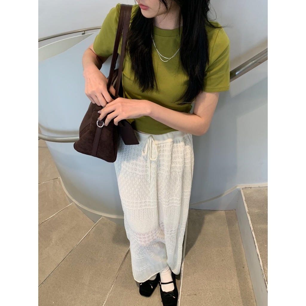A23 編織感鬆緊腰有安全褲中長裙 #4517