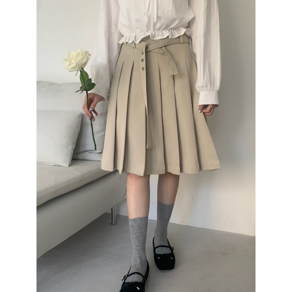A25 知性韓妞 綁帶A字百褶五分裙 #4519