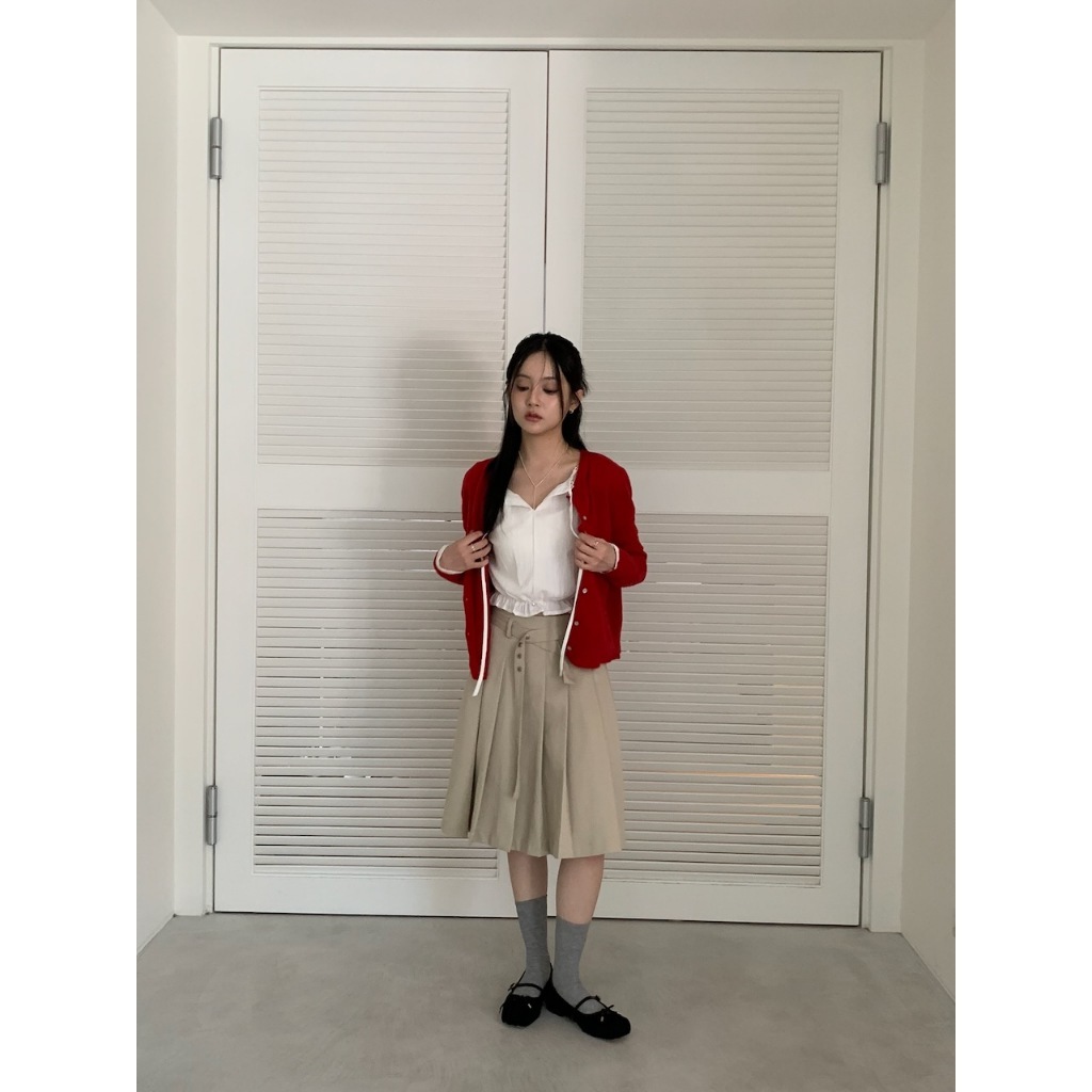 A25 知性韓妞 綁帶A字百褶五分裙 #4519