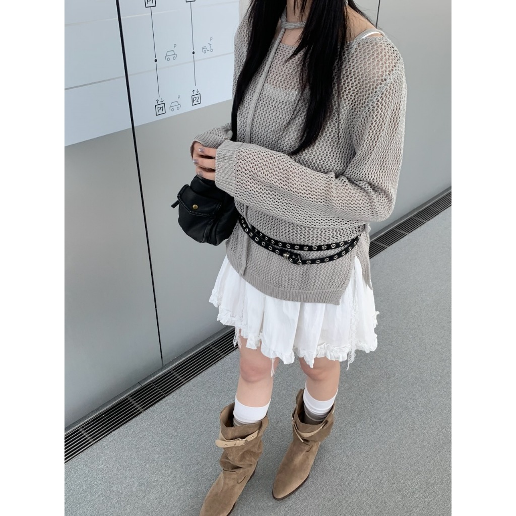 A29 低彩度洞洞針織上衣+細肩背心套裝 #7630