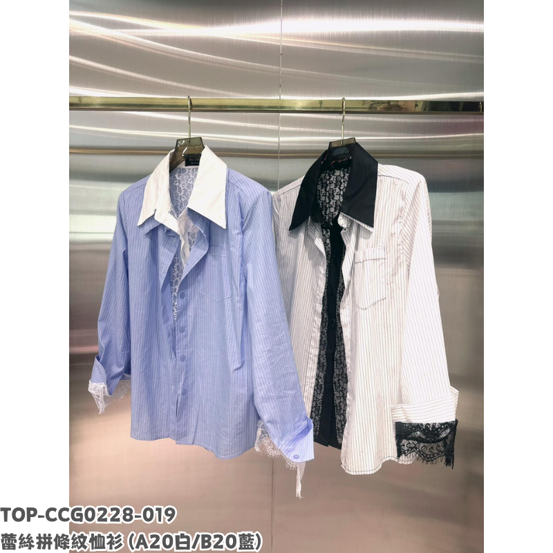 TOP-CCG0228-019 蕾絲拼條紋恤衫 (A20白/B20藍)