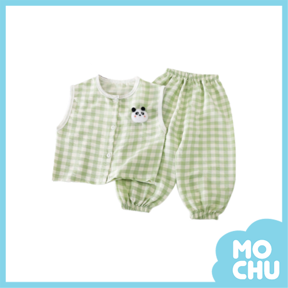 格子熊貓無袖套裝(三色)