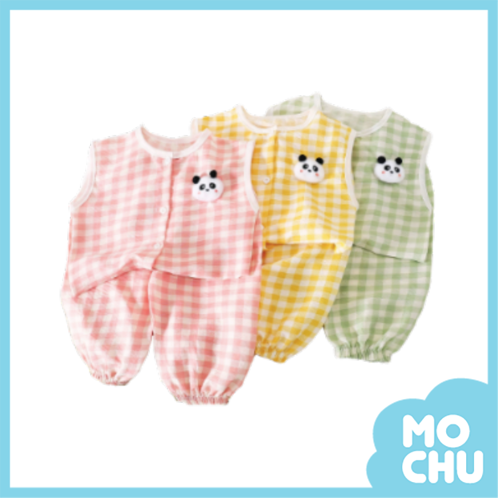 格子熊貓無袖套裝(三色)