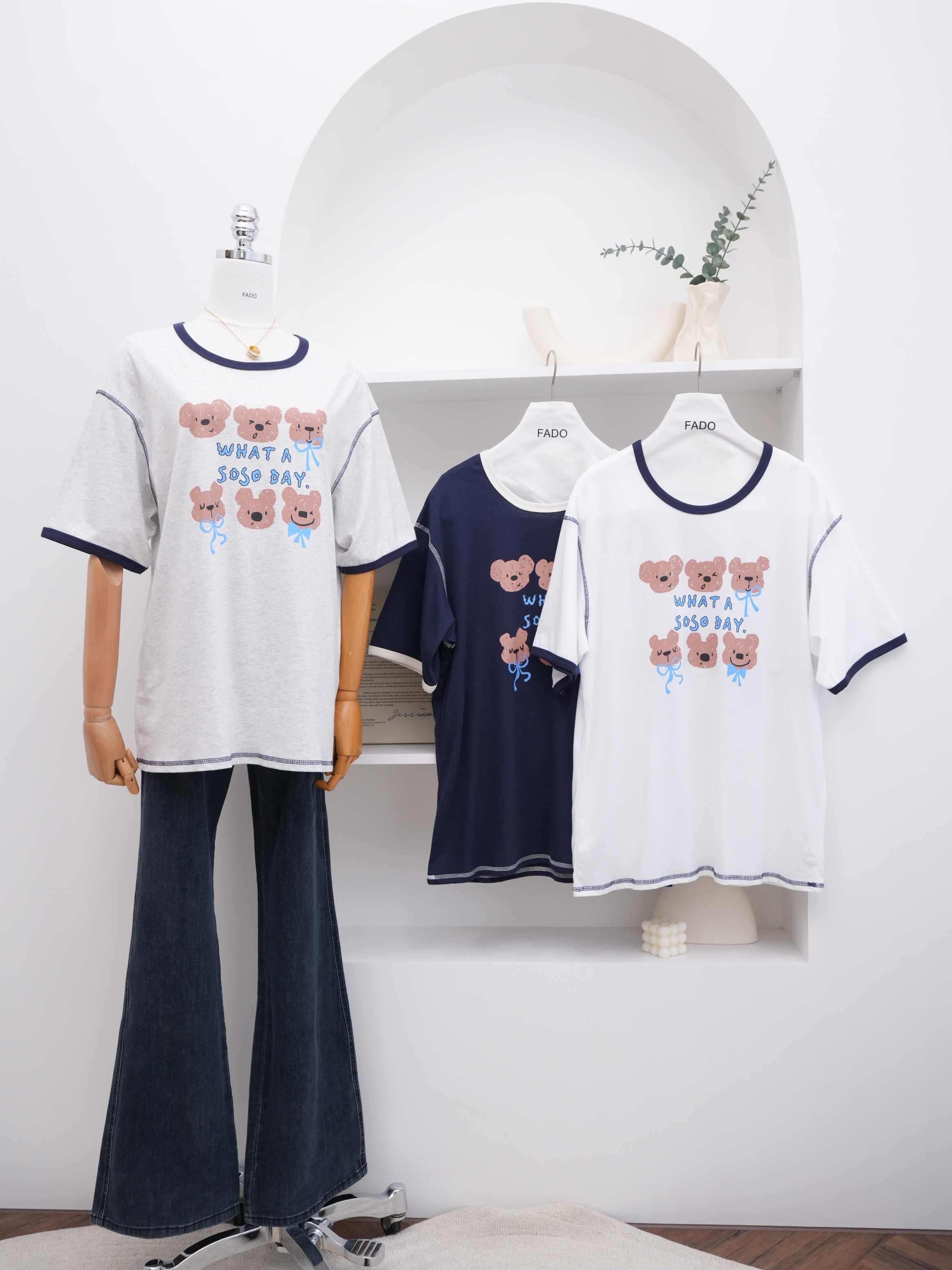 法朵Fado shop｜印花表情包小熊ʕ-ᴥ-ʔ車邊長版Tee 0215028 三色