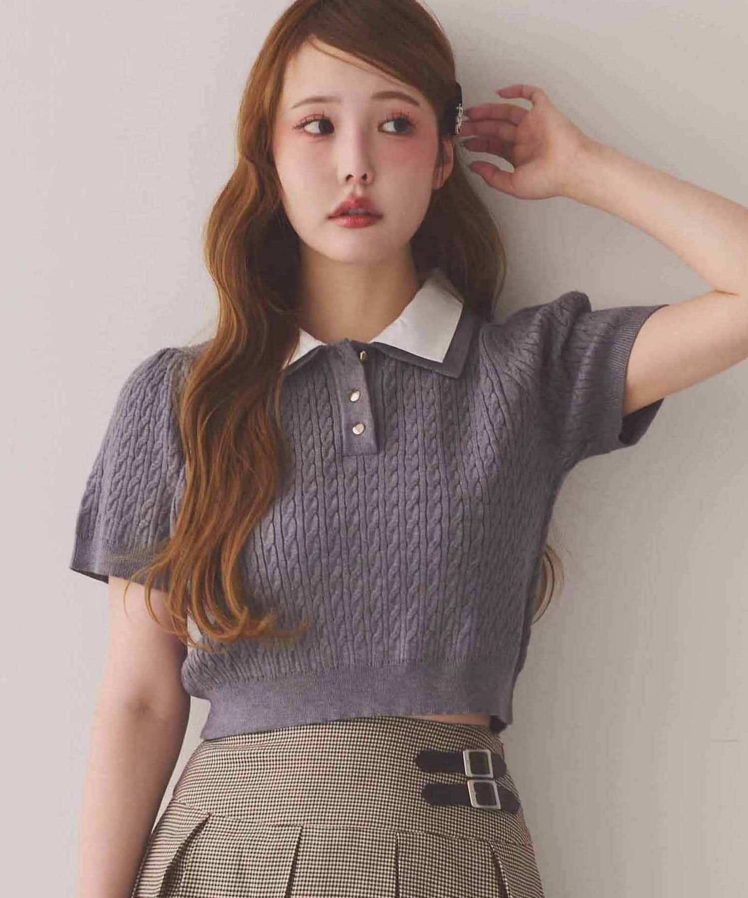 NC Double-collar cable short-sleeved knit