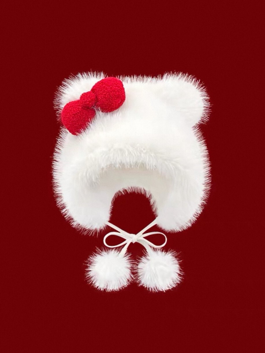 Hello Kitty 蝴蝶结 白色毛絨帽