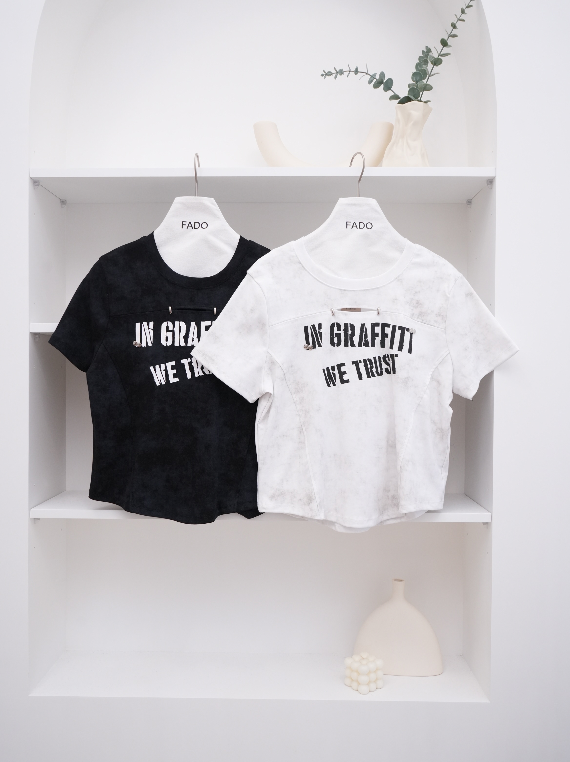 法朵Fado shop｜領鏤空紮染車線圓領Tee 0215038 黑/白 M-L