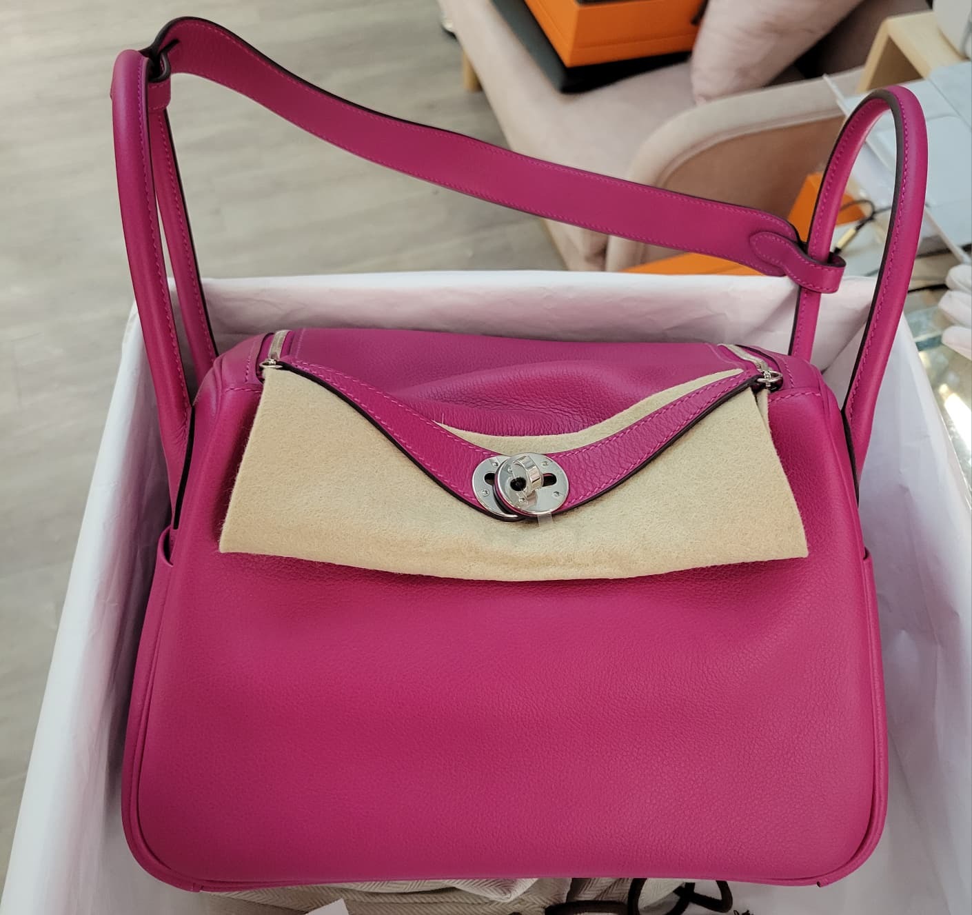 UNUSED HERMES LINDY 26 L3 ROSE POURPRE CK EVERCOLOR 紫粉紅色 銀扣