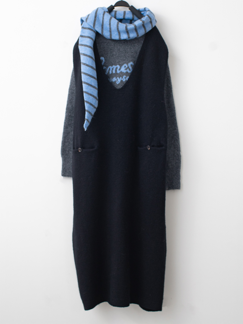 條紋披肩針織上衣後開釦長版針織洋裝組合