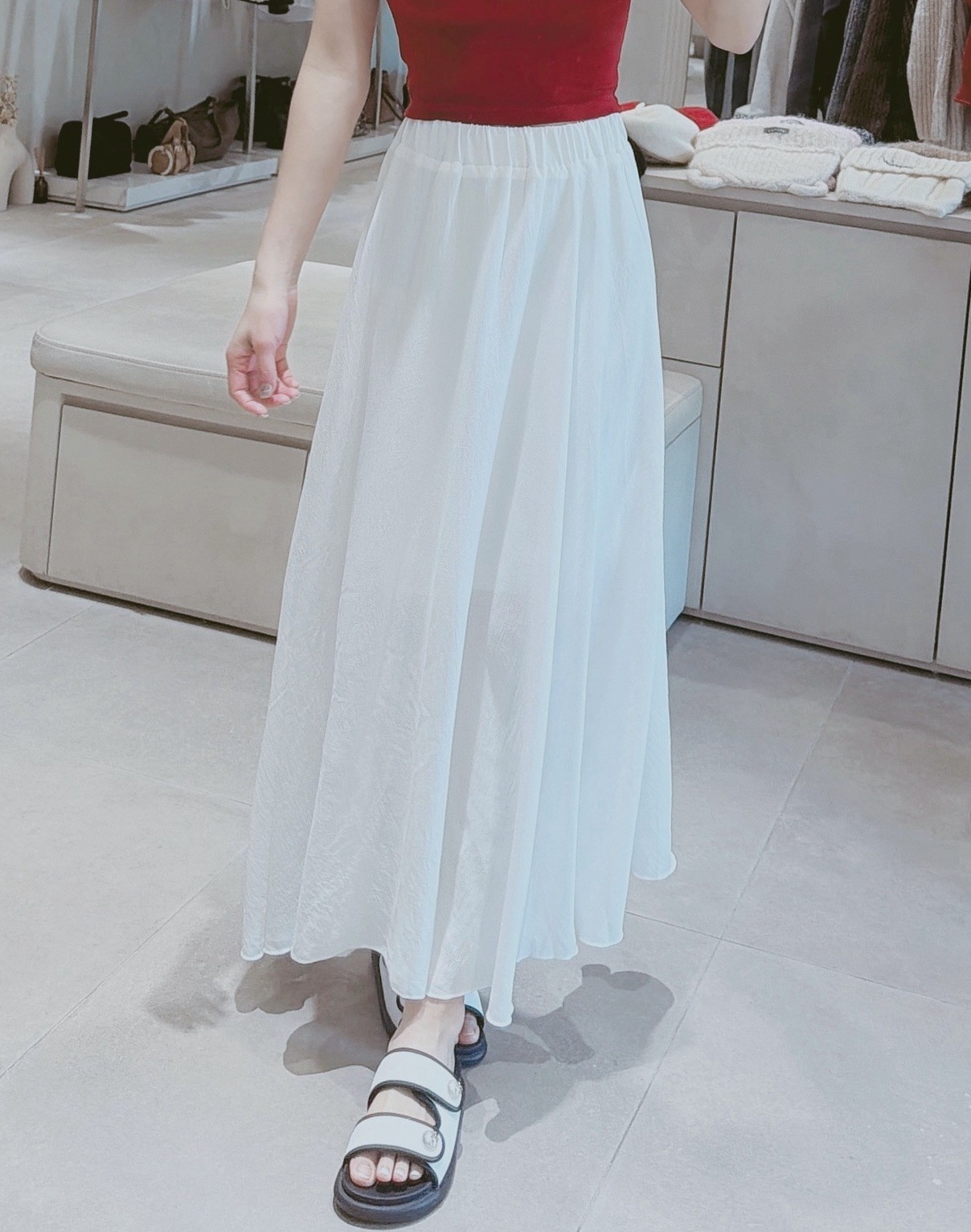 鬆緊腰冰絲素面長裙