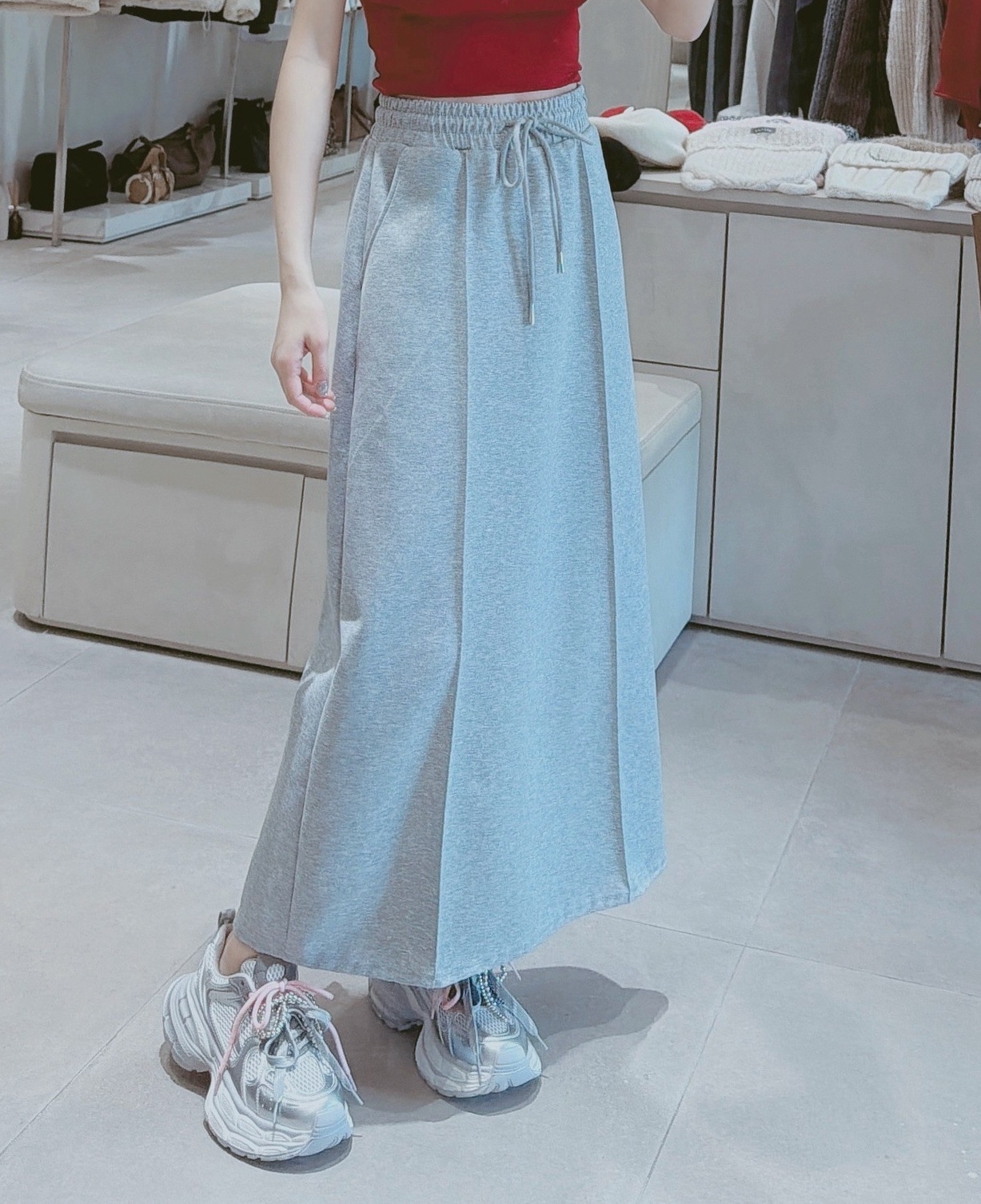 前壓線後開岔抽繩棉長裙