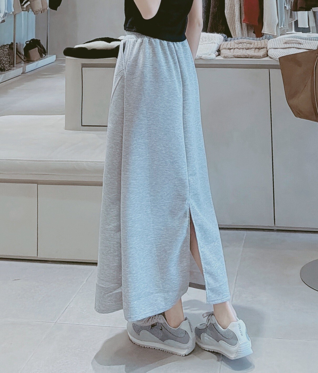 抽繩鬆緊莫代爾素面長裙