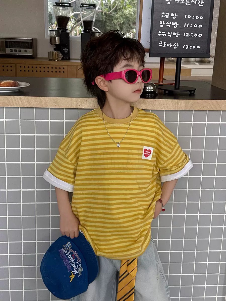 愛心標籤條紋短袖上衣