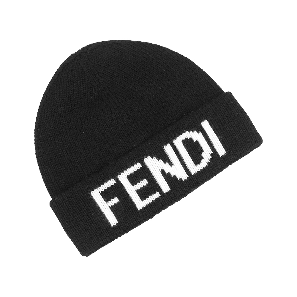 【Fendi】白字Logo 羊毛毛帽(黑色)