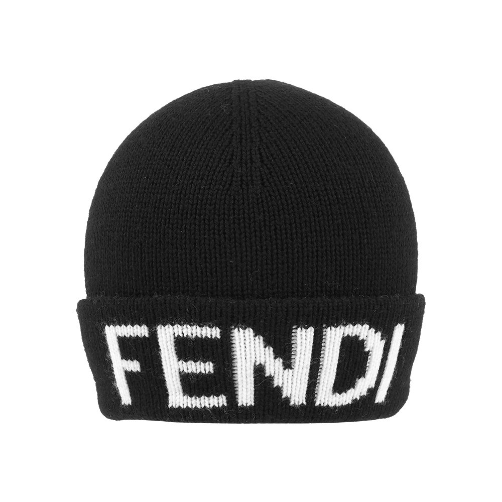 【Fendi】白字Logo 羊毛毛帽(黑色)
