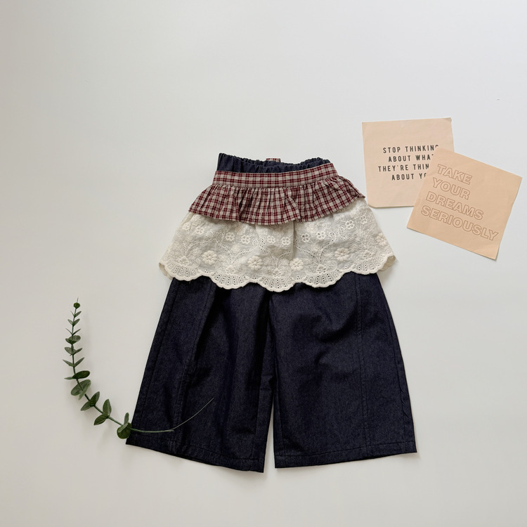 緹花疊穿綁帶牛仔褲