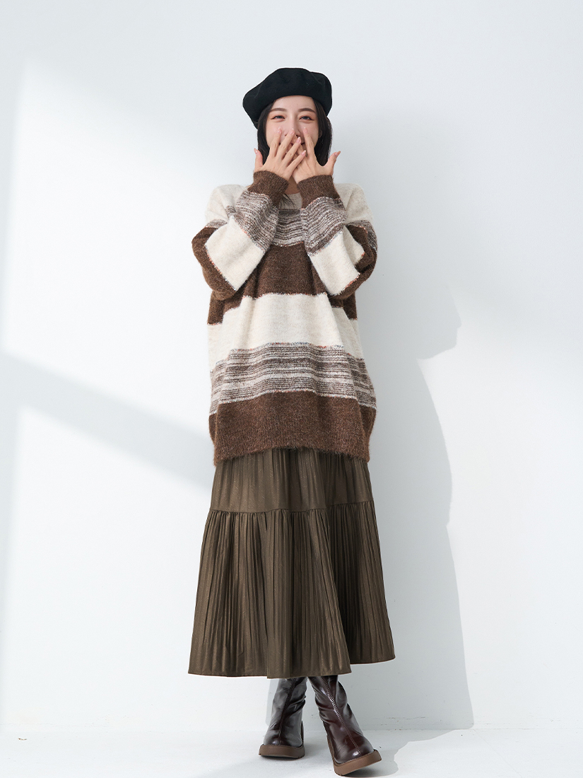 慵懶混色坎紗條紋長版針織上衣