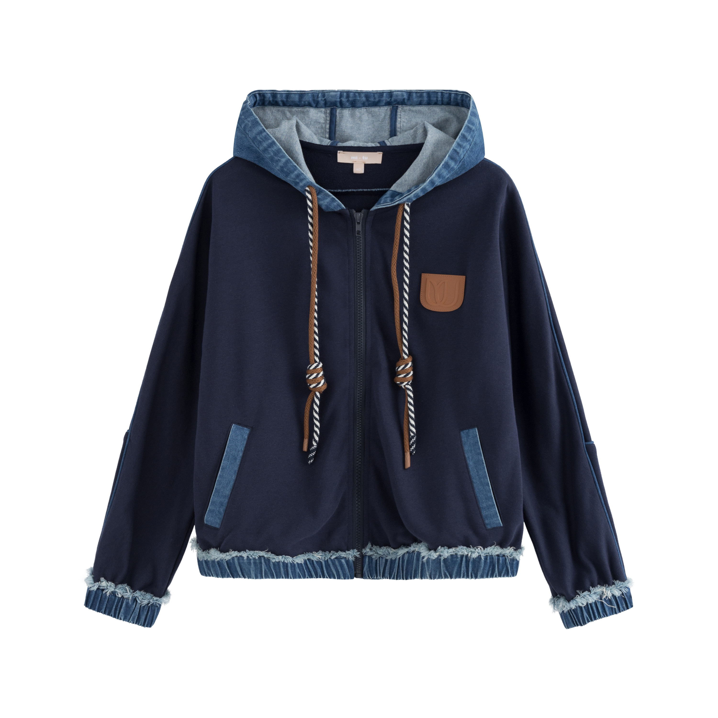 mi-tu抽繩拼接款連帽外套