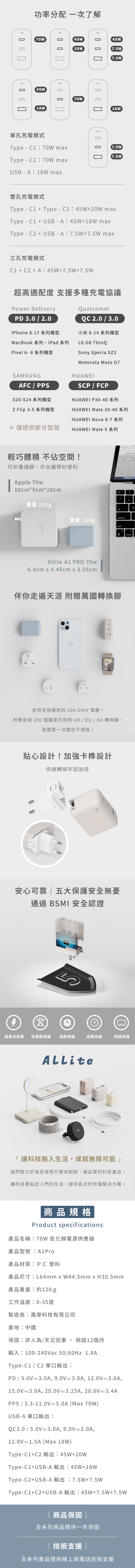 Allite A1 PRO 70W 1A+2C 氮化鎵三孔快充頭的商品敘述