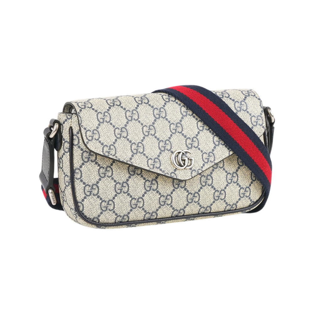 【GUCCI】Ophidia 塗層帆布及藍紅織帶信封式迷你斜背包(米色/烏木色)