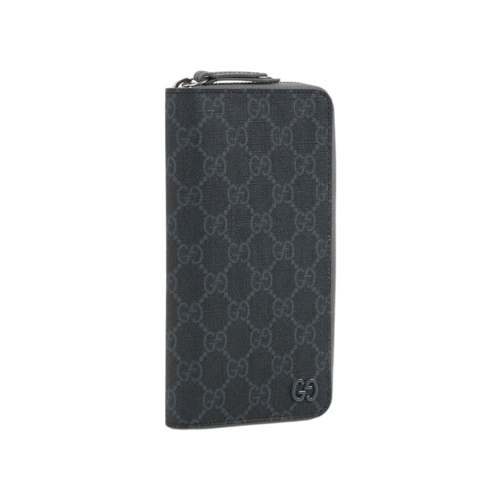 【GUCCI】Logo GG Supreme 塗層帆布ㄇ形拉鍊全開長夾(黑灰色)