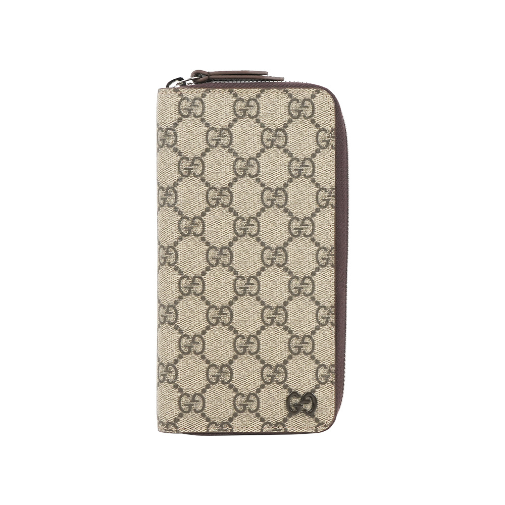 【GUCCI】Logo GG Supreme 塗層帆布ㄇ形拉鍊全開長夾(深棕色)