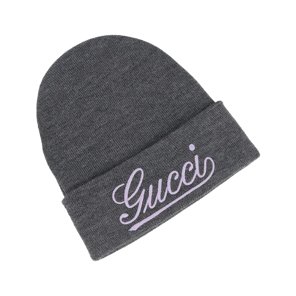 【GUCCI】粉字Logo 刺繡羊毛毛帽(灰色)