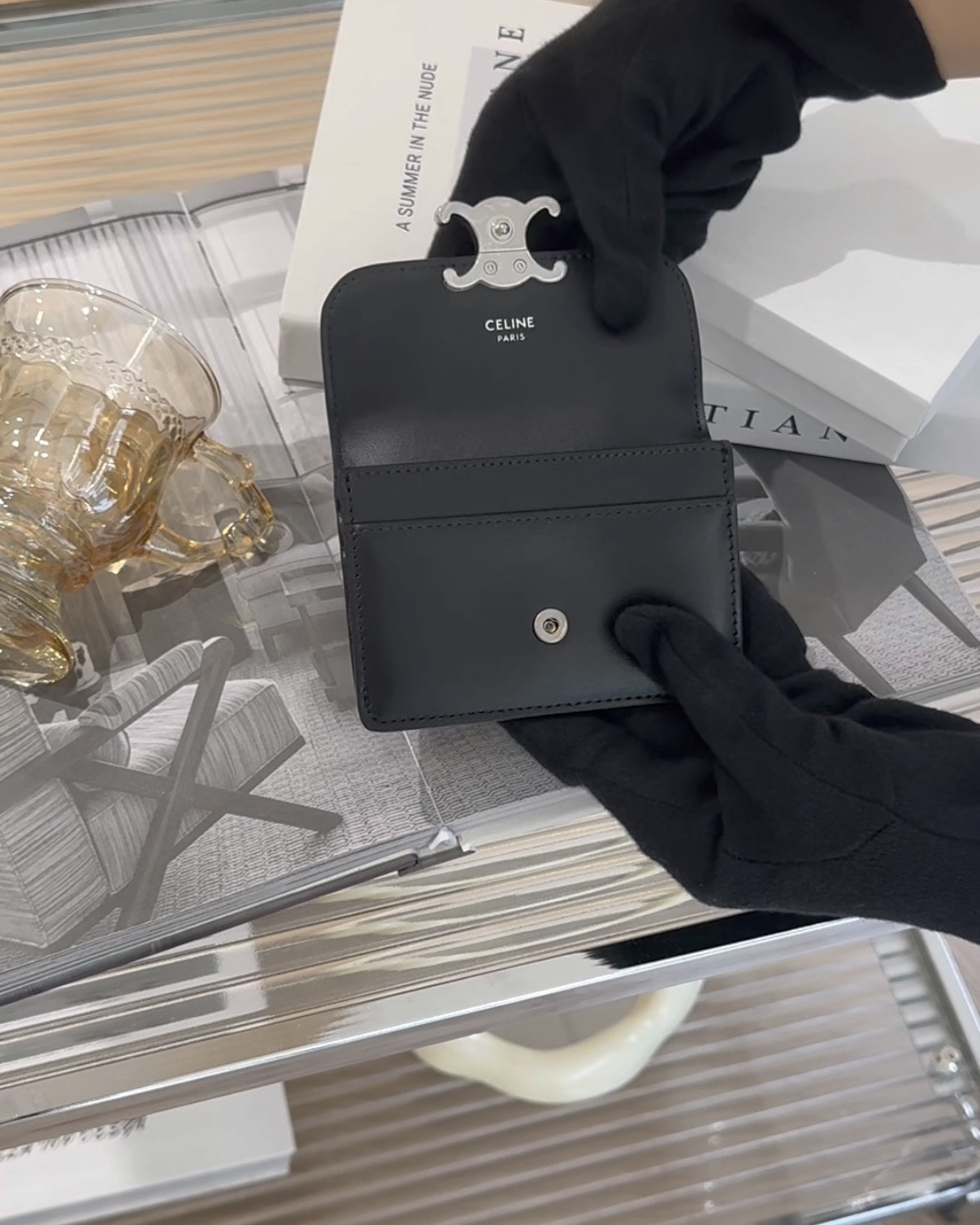 CELINE｜凱旋門單層零錢卡包 黑銀