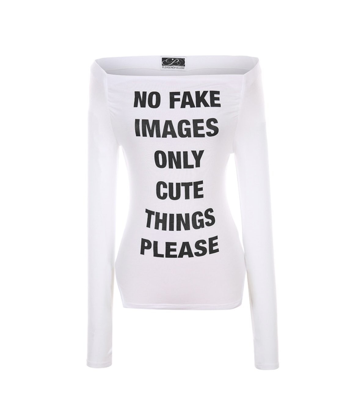 (asa/ taeyeon同款) pleasenofollow - kacy lettering long off shoulder top (white)