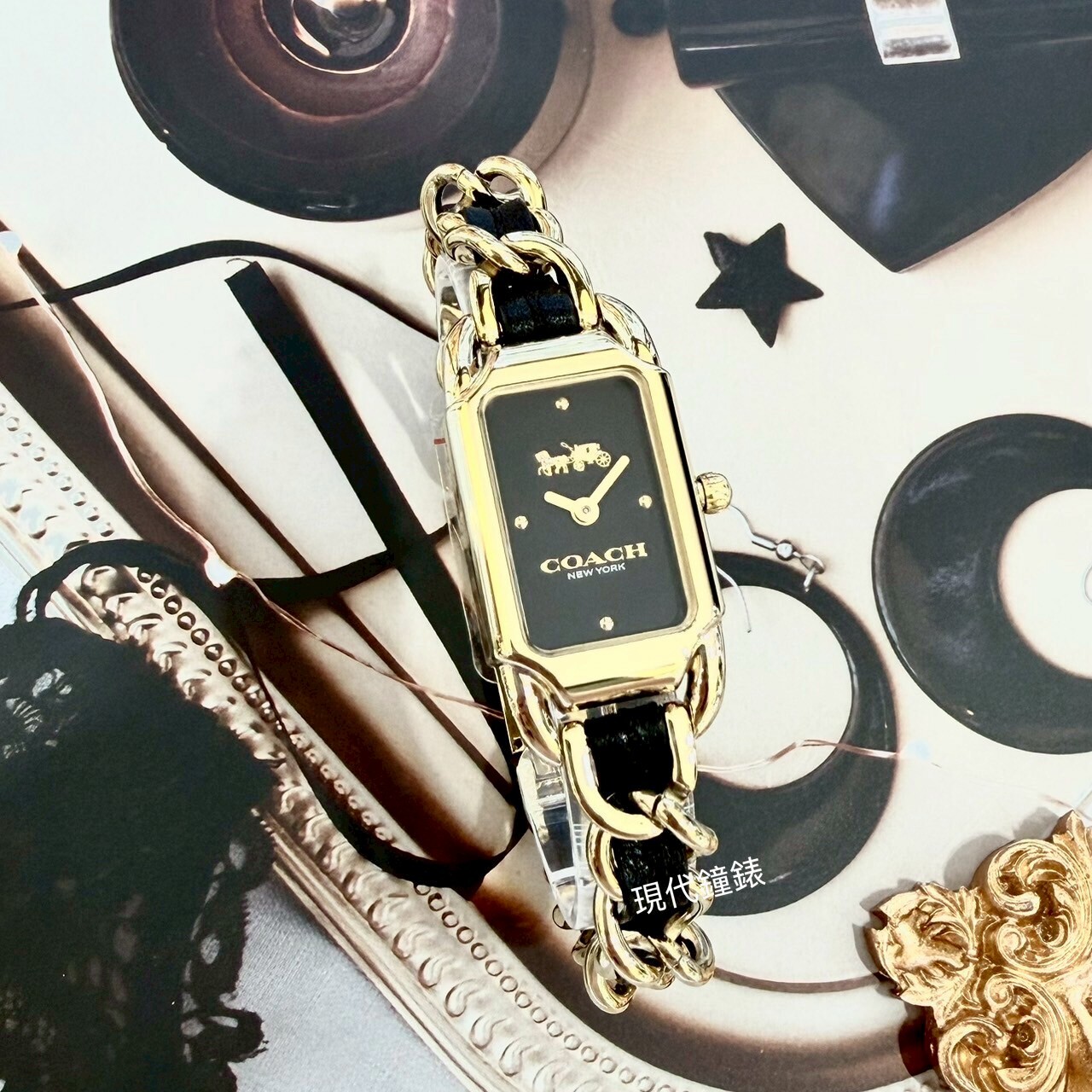 【COACH】Cadie經典馬車黑皮革鍊帶腕錶CO14504281 17.5mm 現代鐘錶