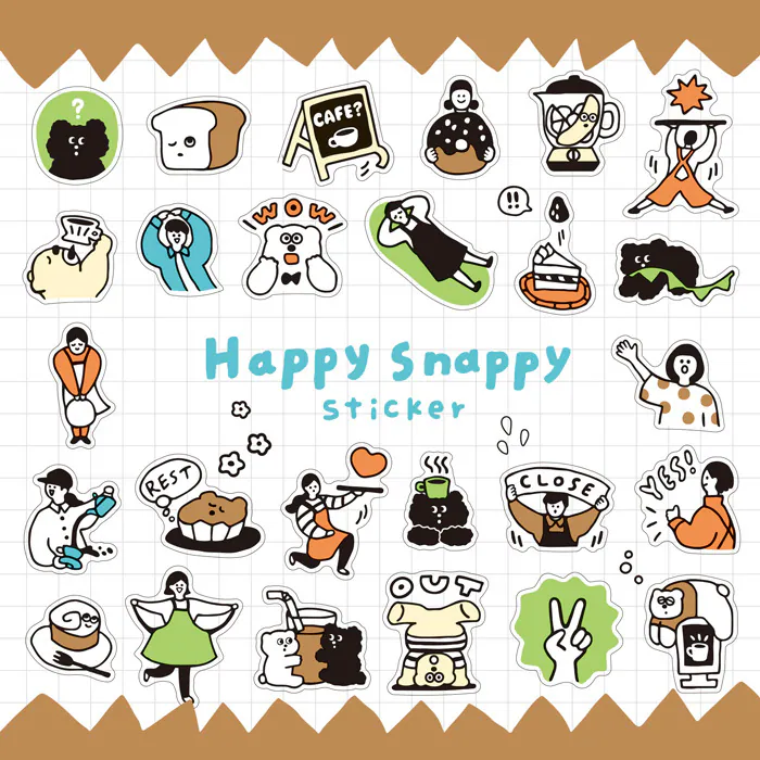 咖啡色底 Happy Snappy 小小的快樂 透明貼紙｜MINDWAVE 日本