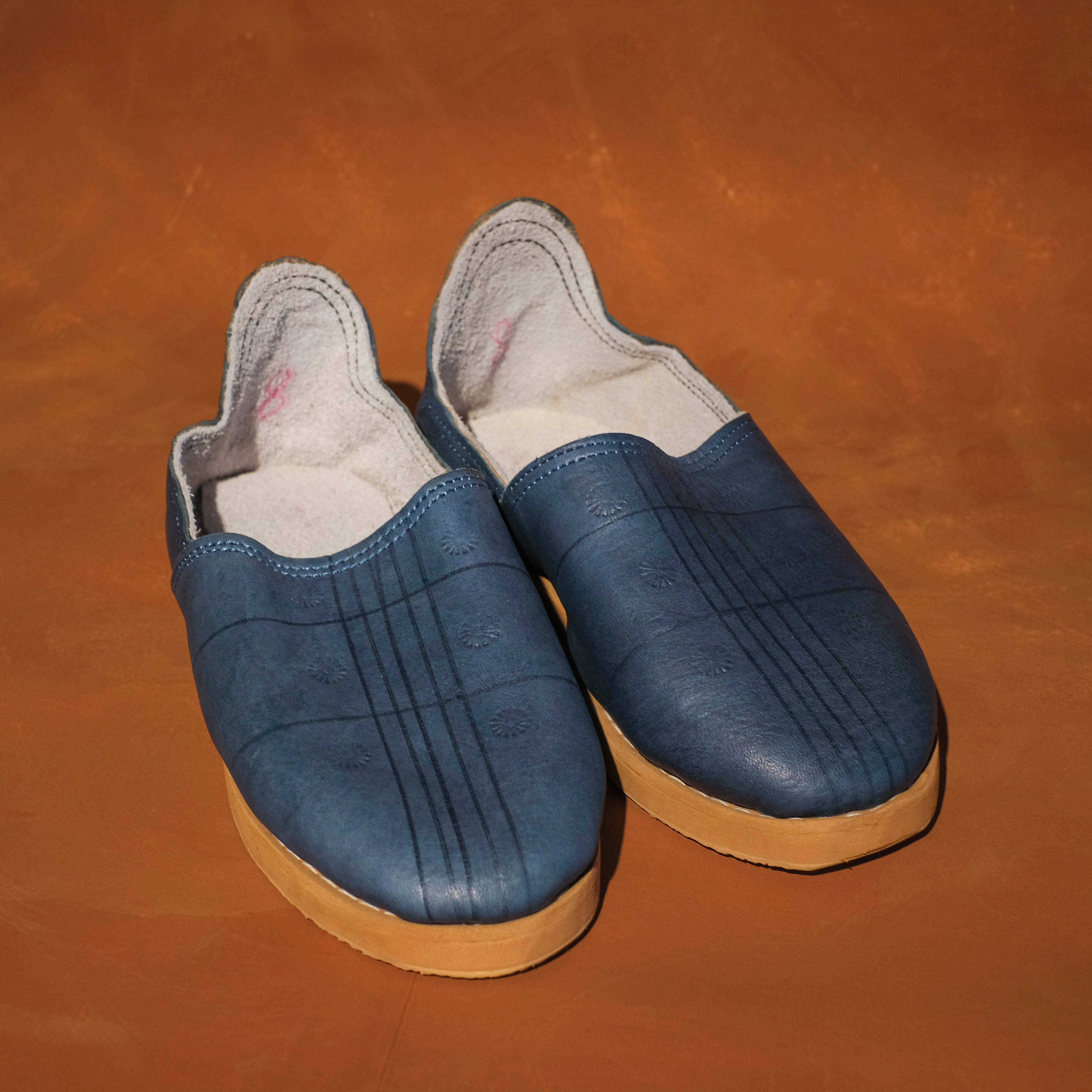 柏柏手工鞋 ｜十字印紋藍 - 圓｜外出款｜摩洛哥