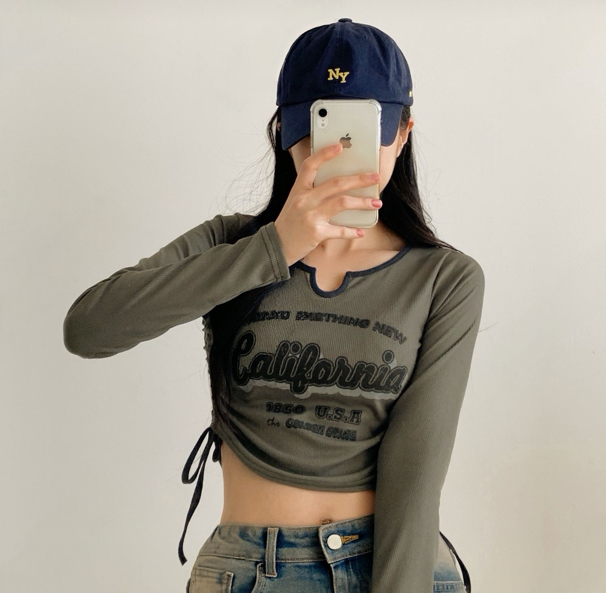 拼色復古印花側索帶長袖