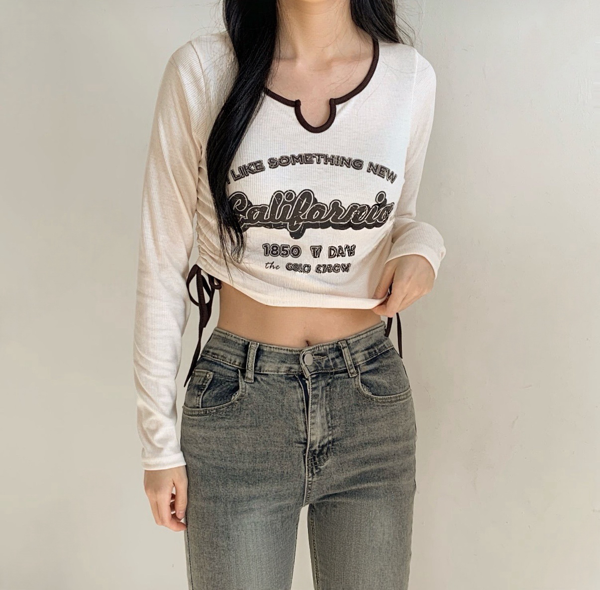 拼色復古印花側索帶長袖