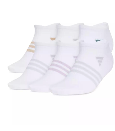 [S] ADIDAS WHITE/WARM SANDSTONE BEIGE/PRELOVED TEAL GREEN WOMEN'S 6-PK. SUPERLITE 3.0 NO SHOW SOCKS, 5160390A-MULTI (SAD301)
