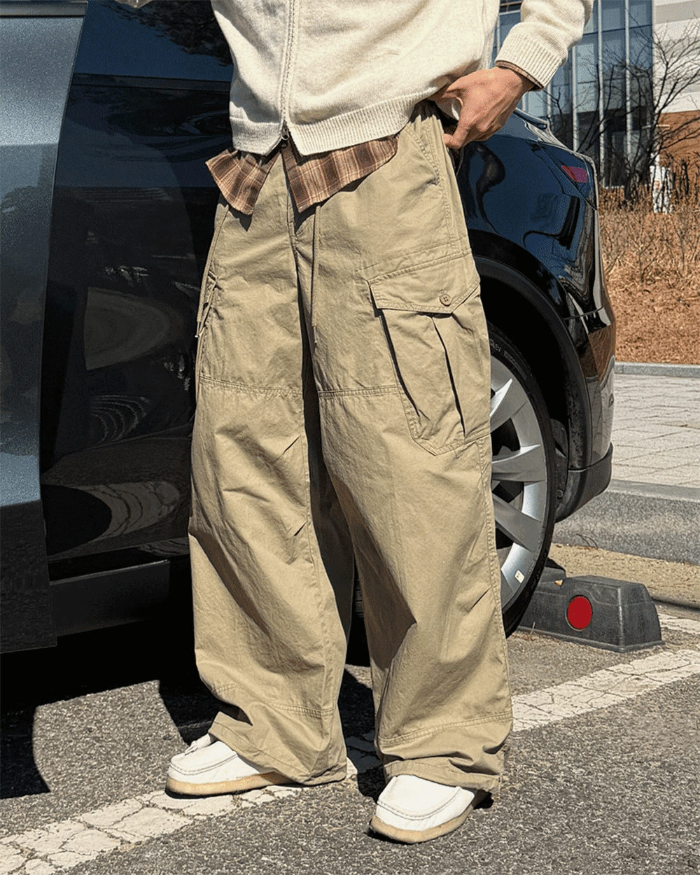 寬鬆弧形水洗工裝褲