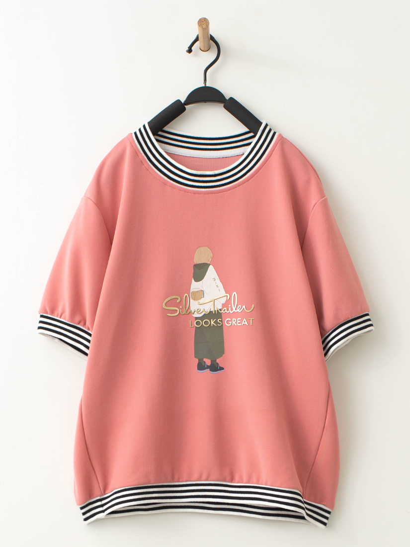 條紋剪接日系女孩印花織紋上衣