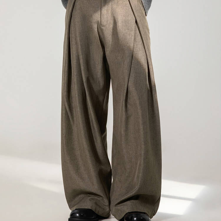 立體褶皺A字廓形老錢風淺咖啡色西裝褲