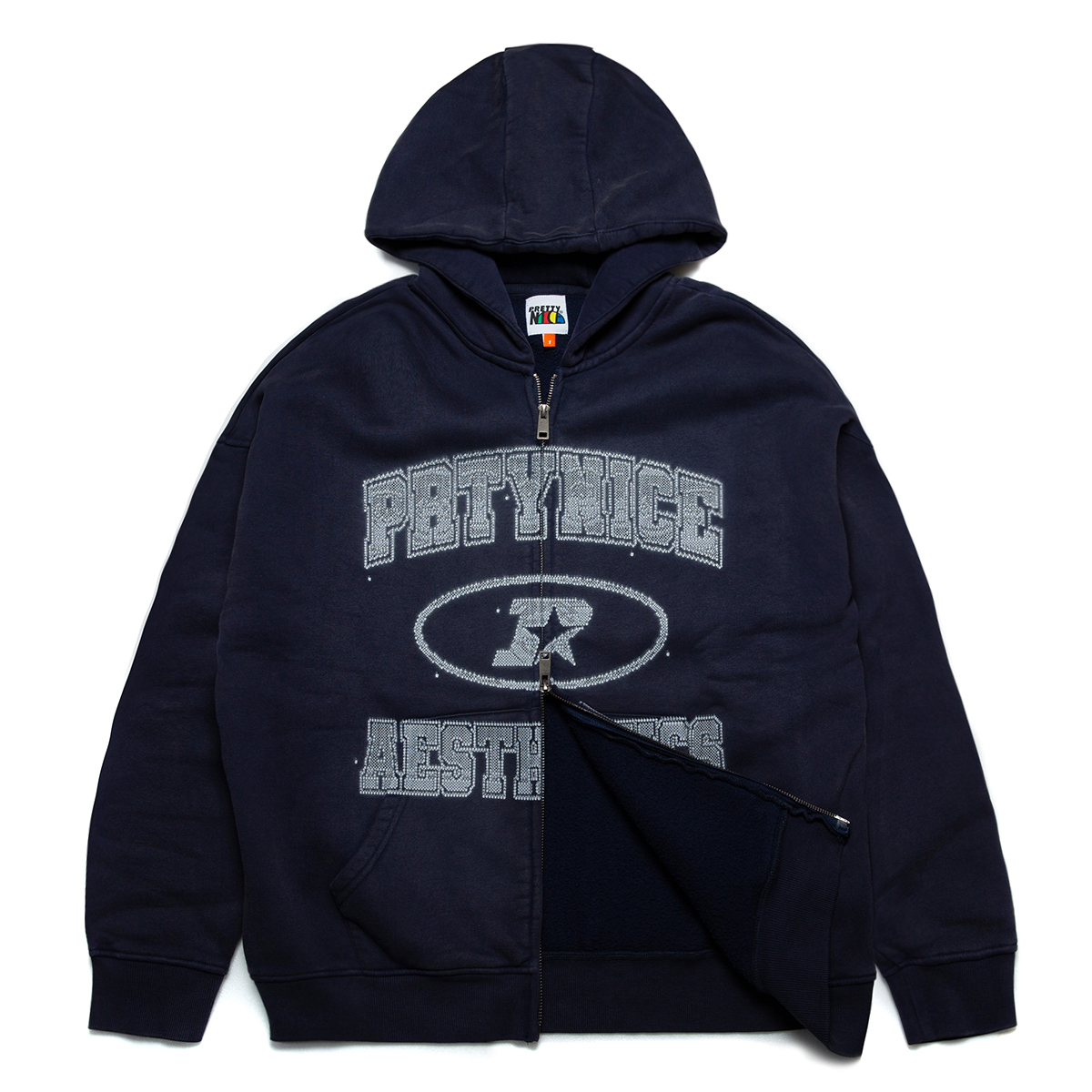 PRETTYNICE｜F.U. Cursor Varsity 2-Way Zip Hoodie (Navy)