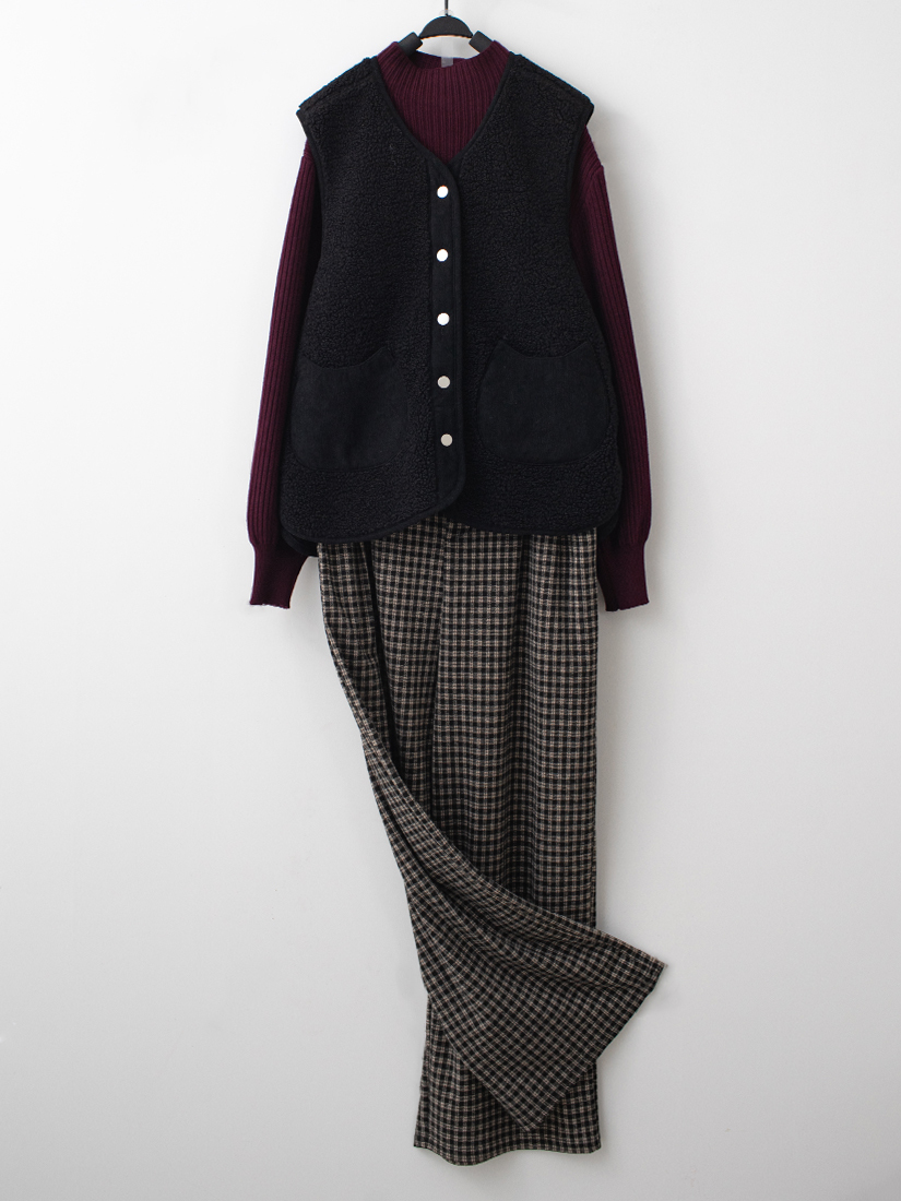 條絨口袋背心捲邊羅紋針織上衣磨毛格紋直筒長褲