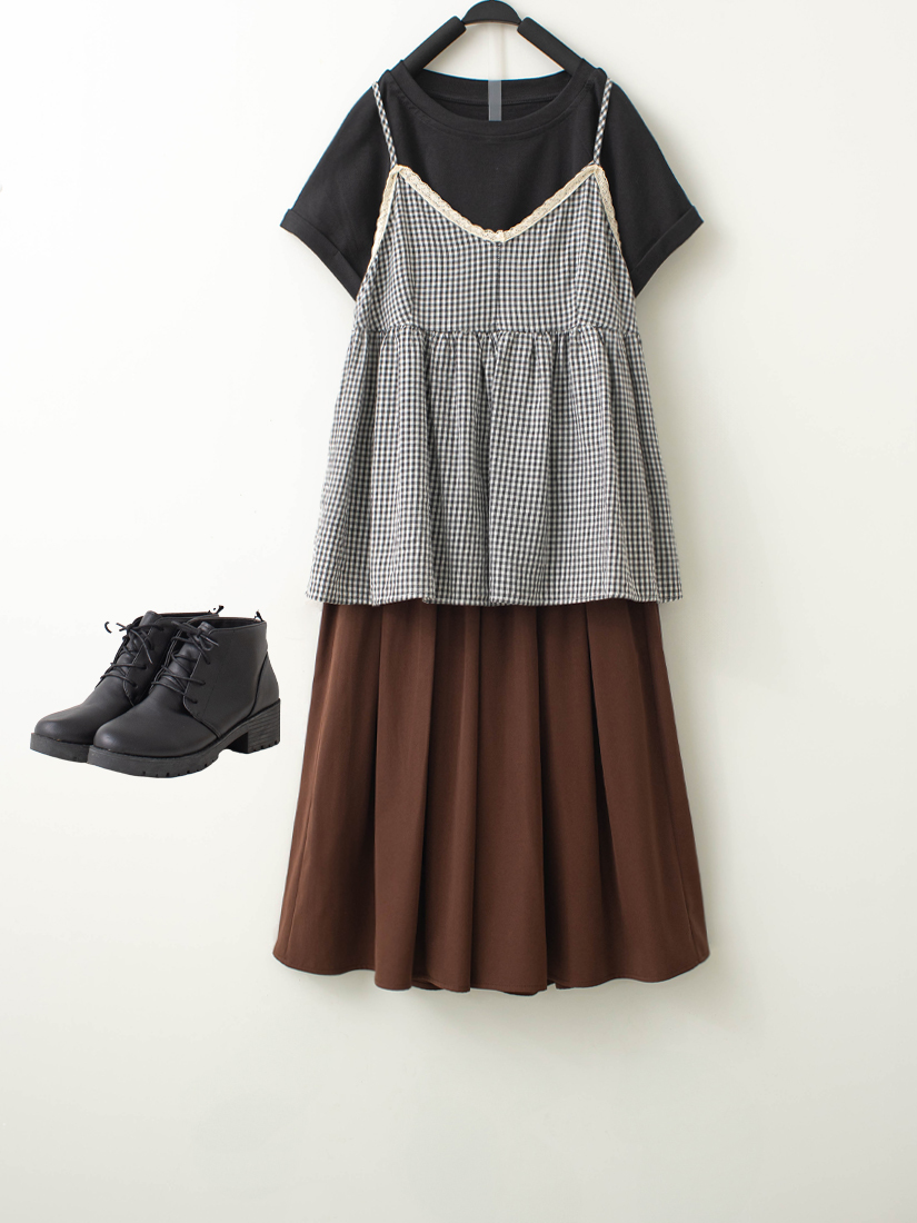 蕾絲格紋背心側抓皺上衣綁帶六分褲裙組合