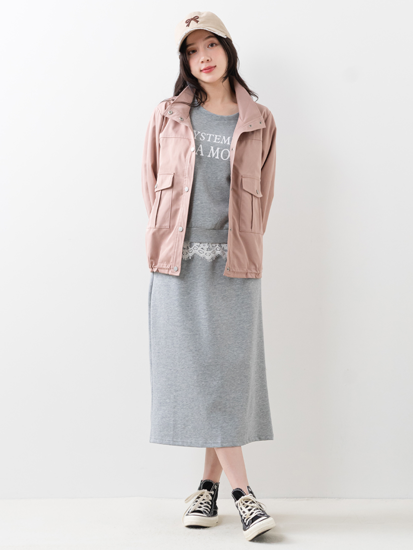 口袋夾克外套下擺蕾絲上衣長裙兩件組組合