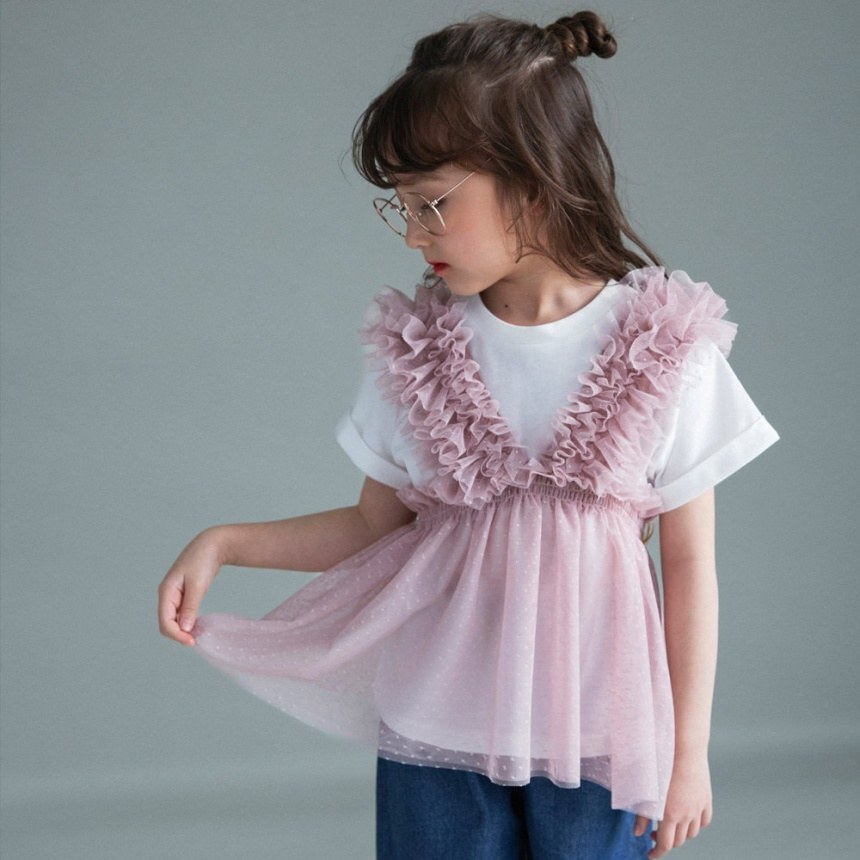 日本 100-150 甜美薄紗2件式上衣 2色