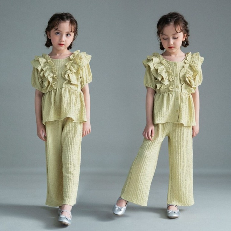 日本 100-150 前後2穿泡泡布荷葉套裝 3色