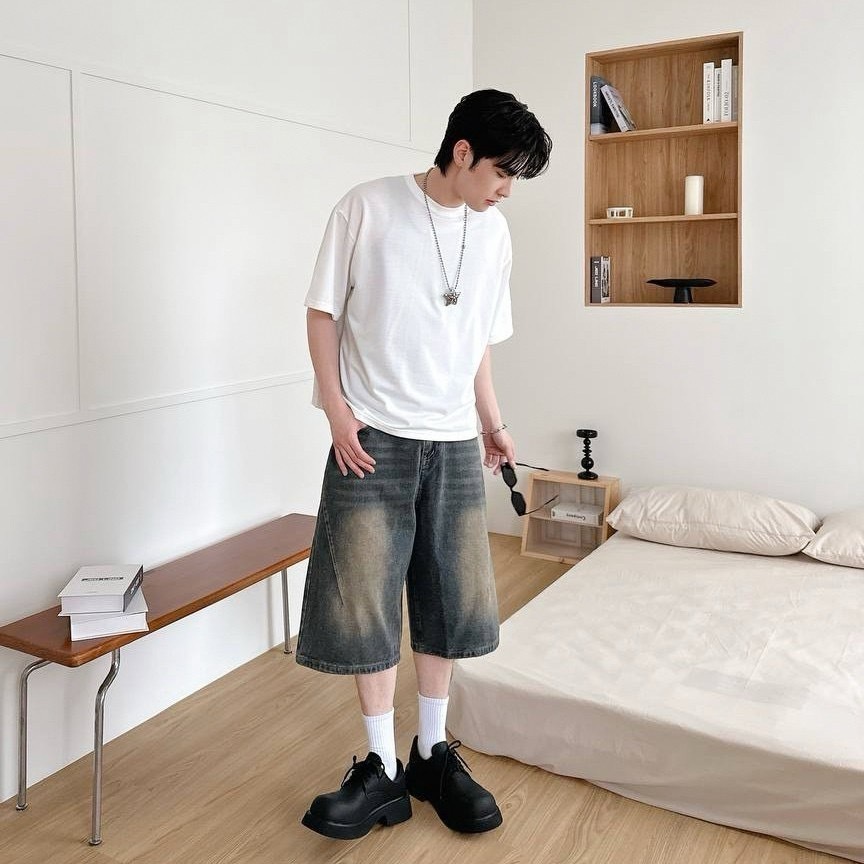 刷舊七分褲 刷色刷白七分褲  80865