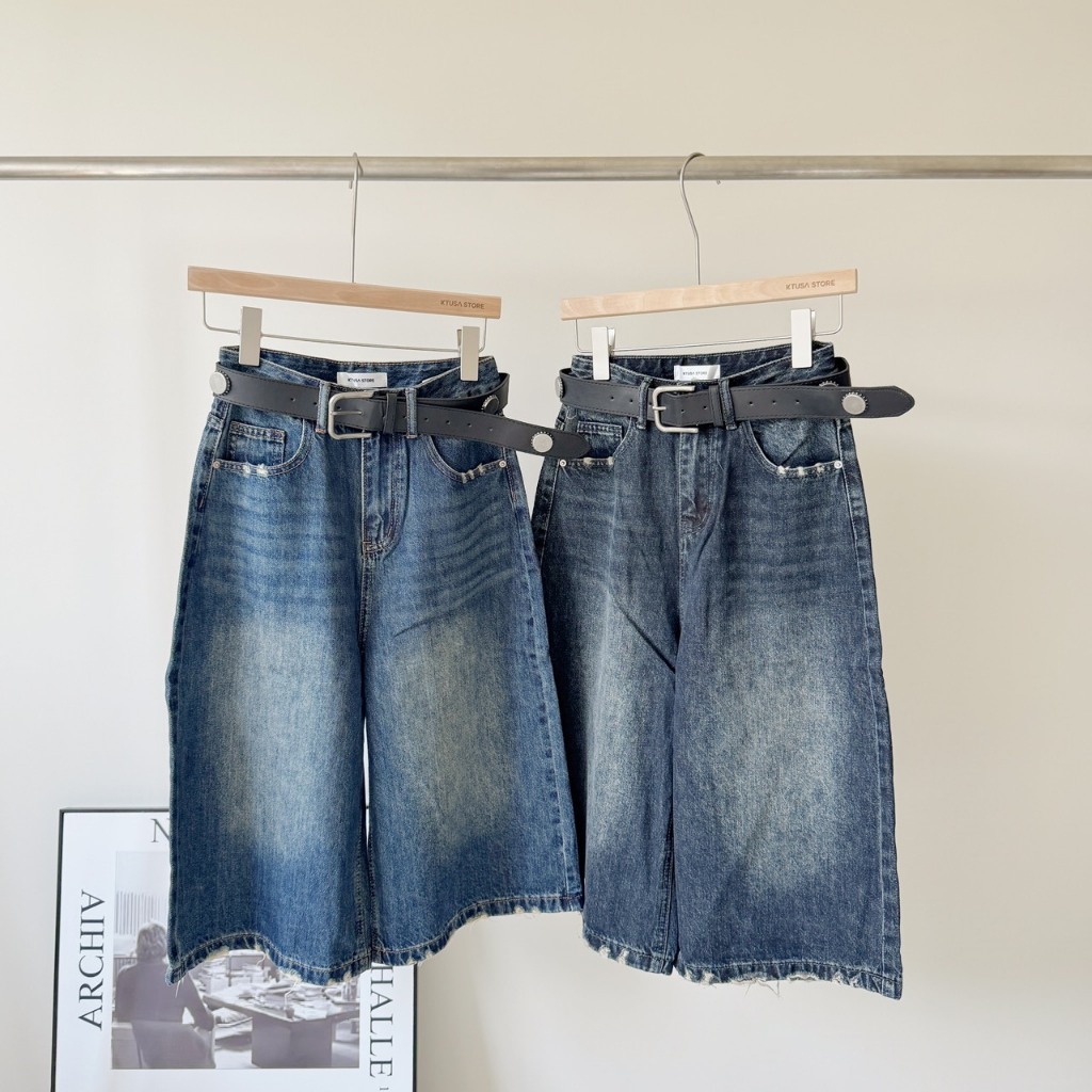 復古破壞牛仔七分褲 (2colors) 七分褲 牛仔寬褲  3777-1