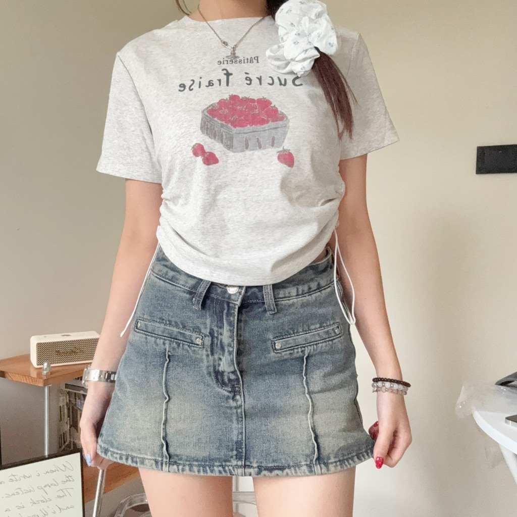 圓領抽繩草莓上衣 (3colors) 7731